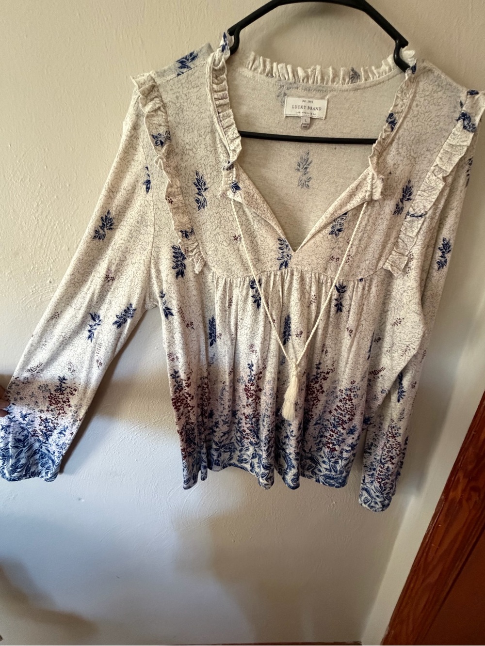 Lucky Brand Cream Floral Ruffle Tunic with Blue and Brown Border